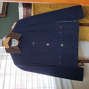 Navy L.L. Bean barn coat with plaid flannel lining and corduroy details s…